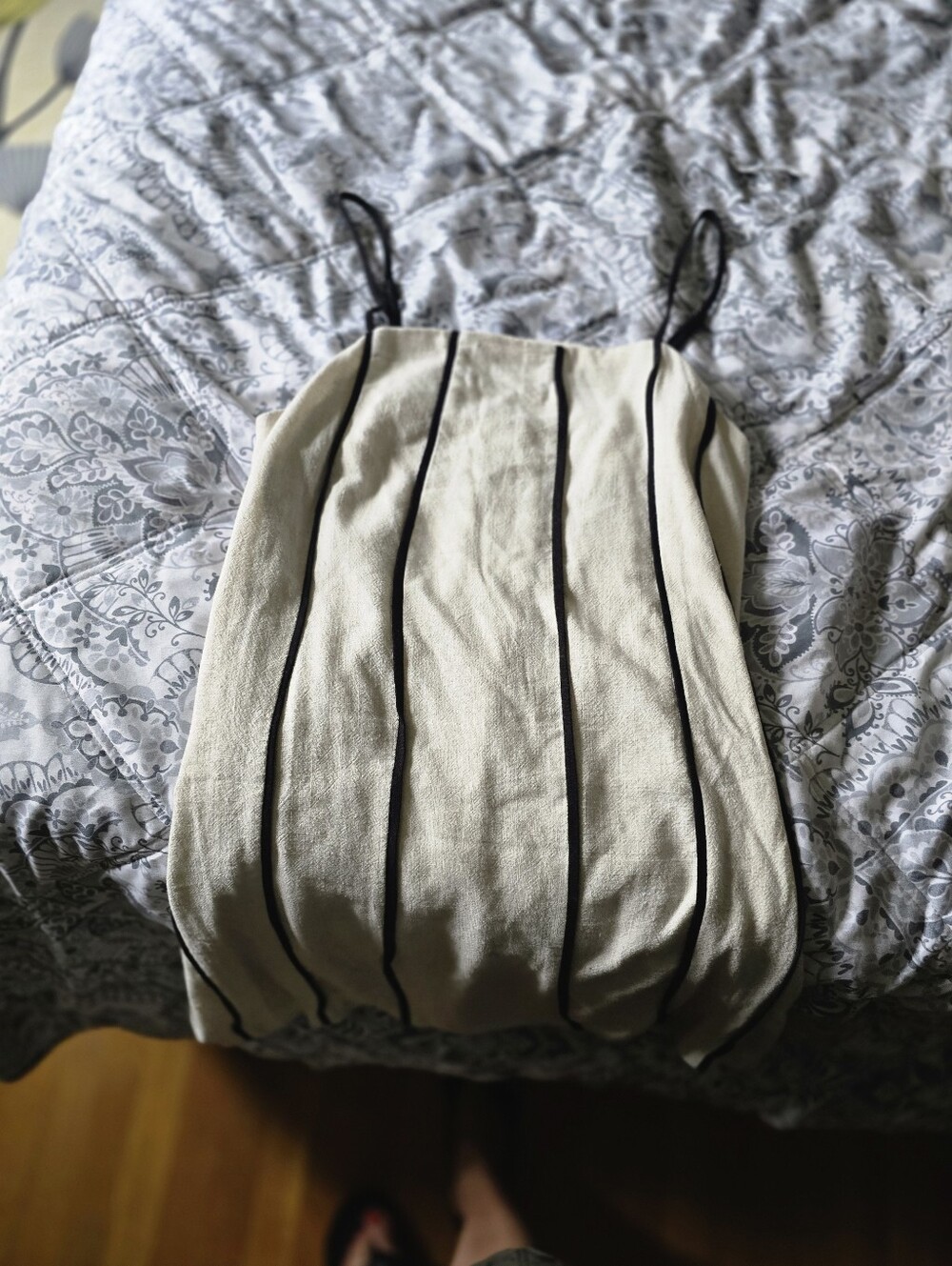 The Workshop-Cream Spaghetti Strap Linen Dress with Black Vertical Stripes